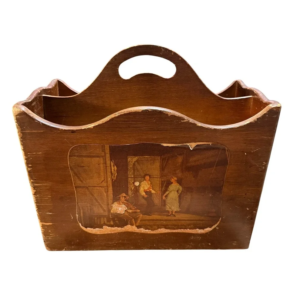 Vintage Wood Magazine Rack Rustic Barn Dance Decoupage Double Side Holder Brown